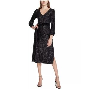 Betsey Johnson Black Sequin Long Sleeve Stretch Midi Dress Sz L NO BELT